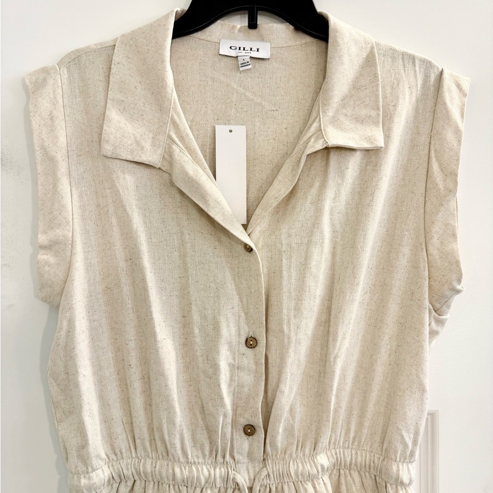 Beige Linen Blend Short Sleeve Romper with Button Front Drawstring Waist Size L - Picture 2 of 9
